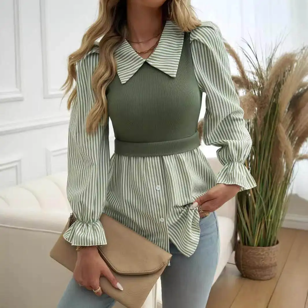 

Women's Fake Two-Piece irt Chiffon Thin Long Sve Collared Layered Stripes ort plus Size Cross-Border Spring Autumn