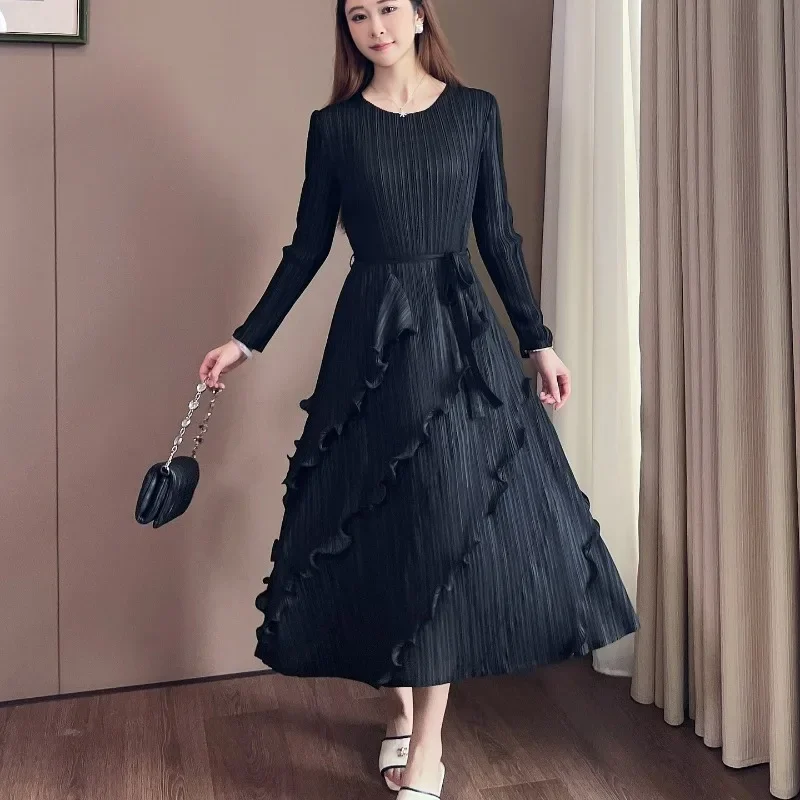 Miyake Pleated Dress Round Neck Wave Patchwork Design Corset Tie Midi Dress 2024 Autumn New