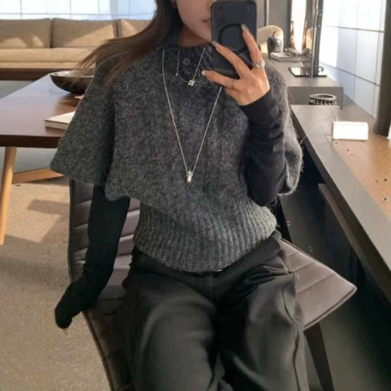 2026 Autumn/Winter New Design Vintage Camel Horn Knitted Sweater Asymmetric Neck Mid Sleeve Loose Cashmere Warm Hoodie  Jumper