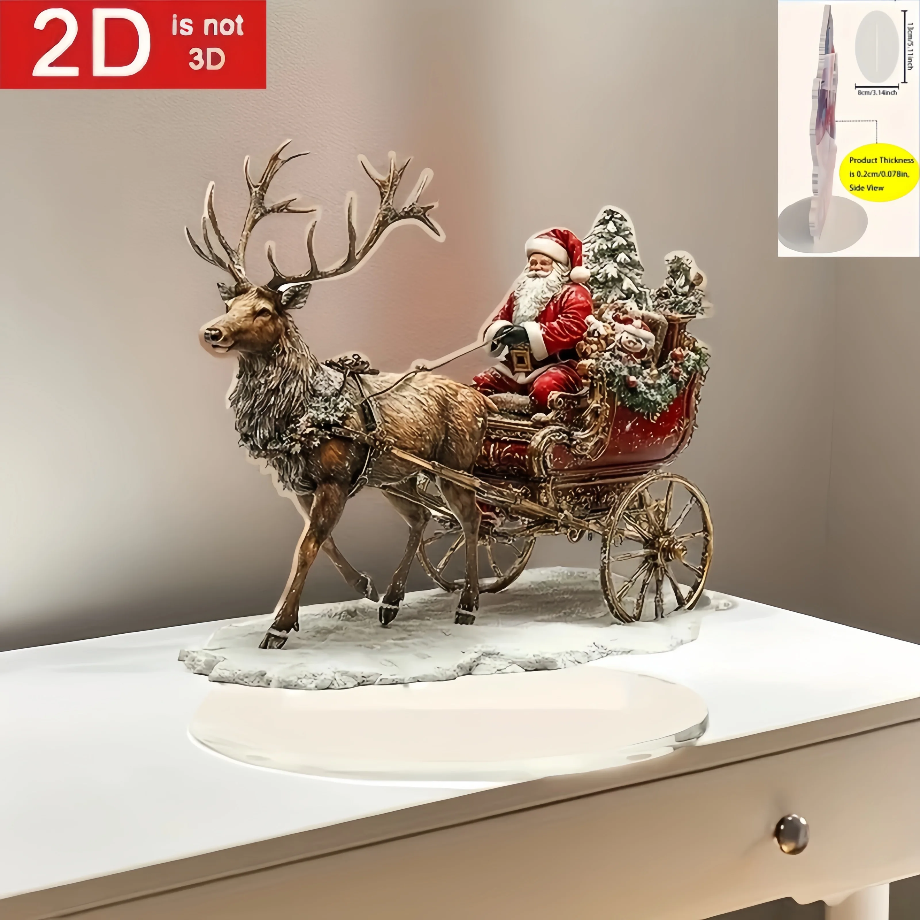 2D Flat, 2D Flat Bohemian Santa Claus Sleigh with Reindeer Desktop Decoration - Battery-Free Christmas Holiday Ornament