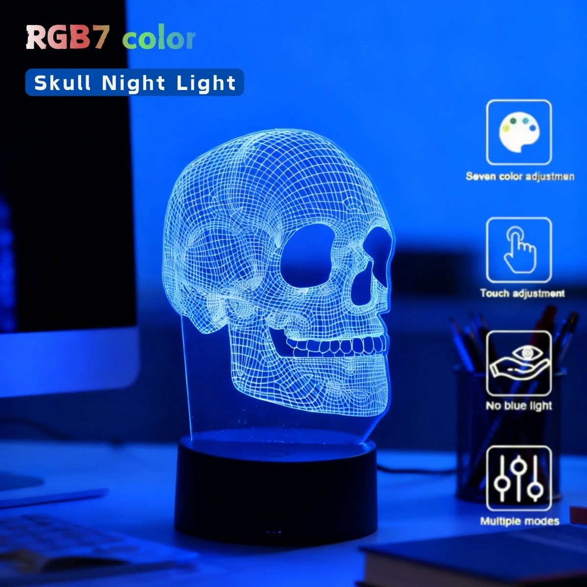 

3D Skull LED Night Light - USB Powered, Perfect for Home Bedroom, Study, Halloween Party Decoration, and Gift