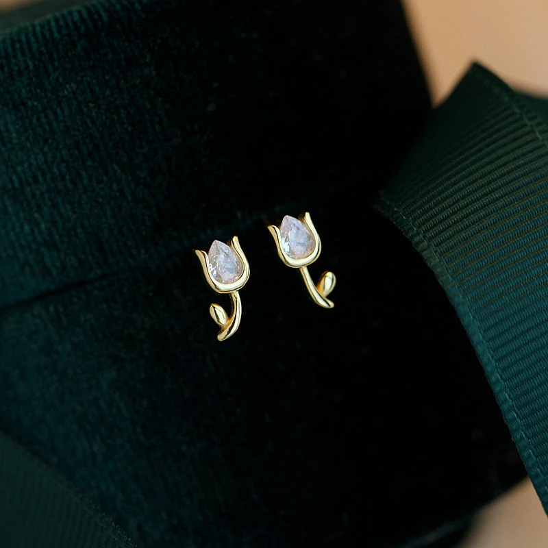925 Sterling Silver Flower Tulip Stud Earrings for Girls Sporty Mini Zircon Plant Earring Lady Engagement Piercing Jewelry Gift