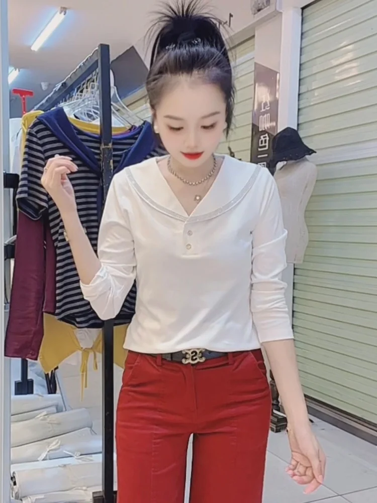 Camiseta larga única de principios de otoño para mujer, camiseta de algodón puro que adelgaza la cubierta de carne, Faionable 2025, nueva Sle Commute Sle