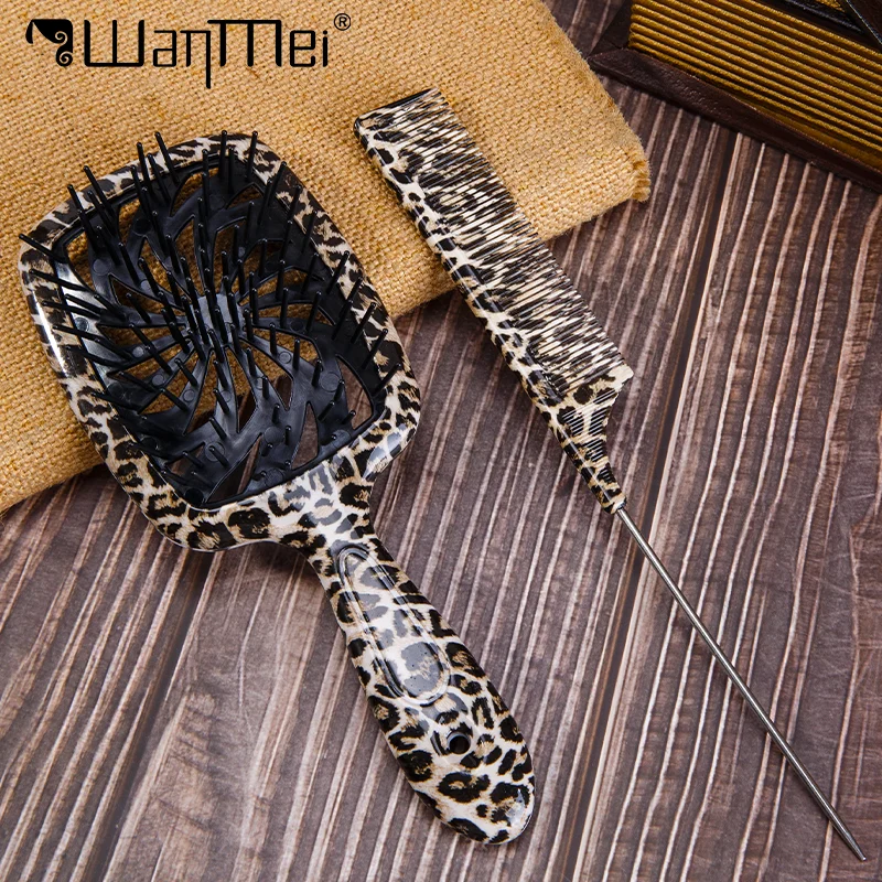 Conjunto de pentes com estampa de leopardo, 2 peças, pente de moinho de vento oco com cauda de rato, pente fino, anti-frizz, escova de cabelo, salão de beleza, ferramentas de estilo de cabelo