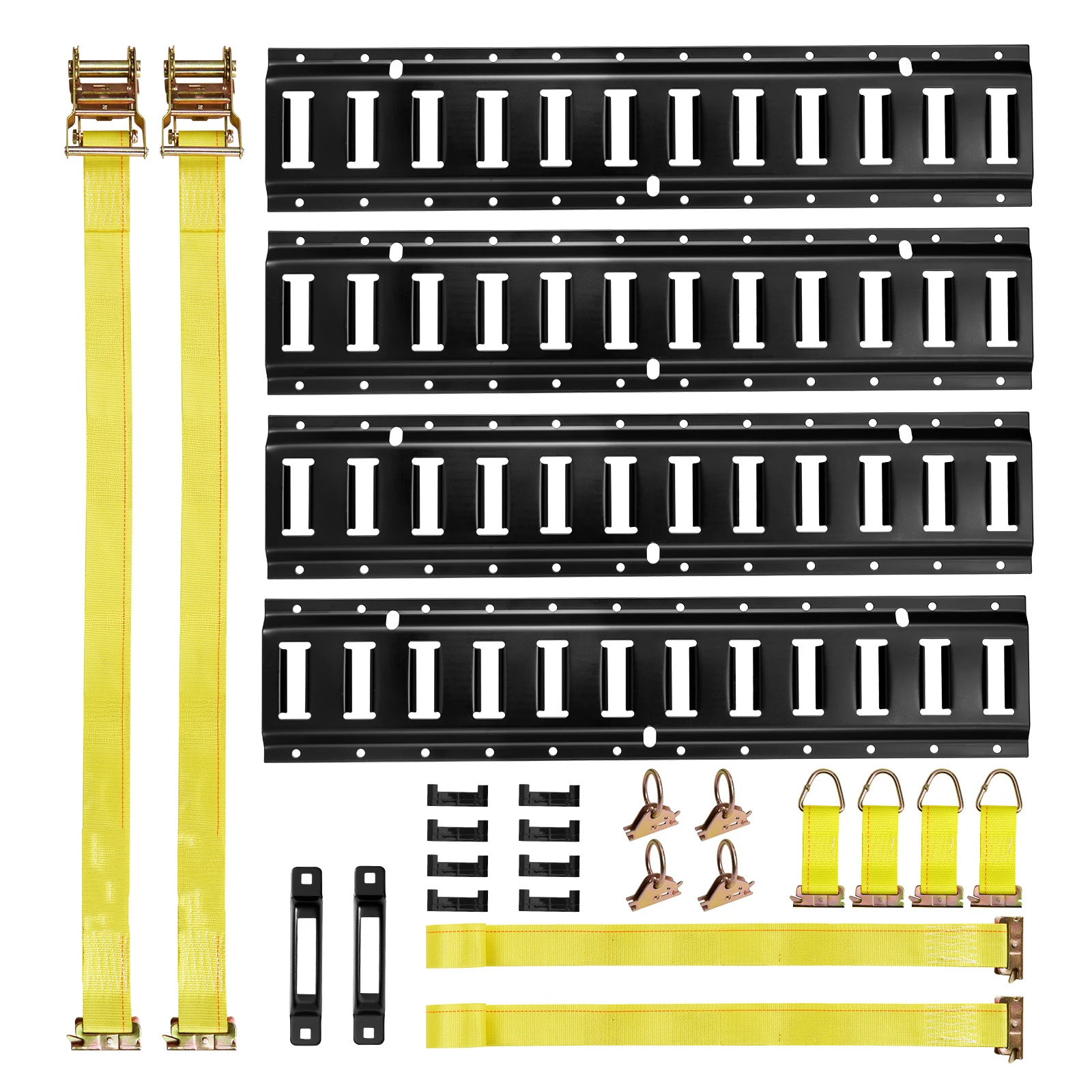 SucceBuy Lot de 4 rails de fixation E-Track de 2 pieds avec 4 anneaux en O, 4 anneaux en D, 2 fentes simples et 8 embouts pour garages, fourgonnettes et remorques