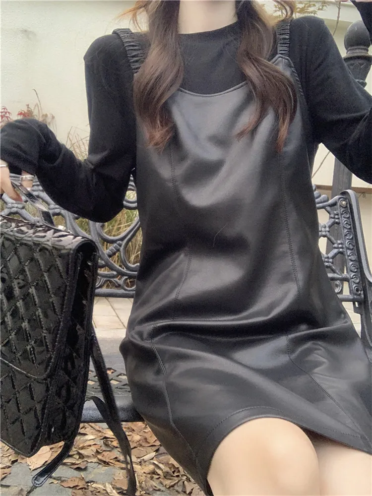 Women Fashion 2 Pieces Suits Long Sleeve Black T Shirt&Black A Line Lather PU Mini Tank Dress Matching Suspender Skirt 2pc Sets