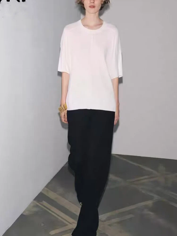 

Новое поступление зимы в европейском и американском стиле 2025 года, женская одежда, базовый свободный вязаный топ с круглым вырезом и короткими рукавами