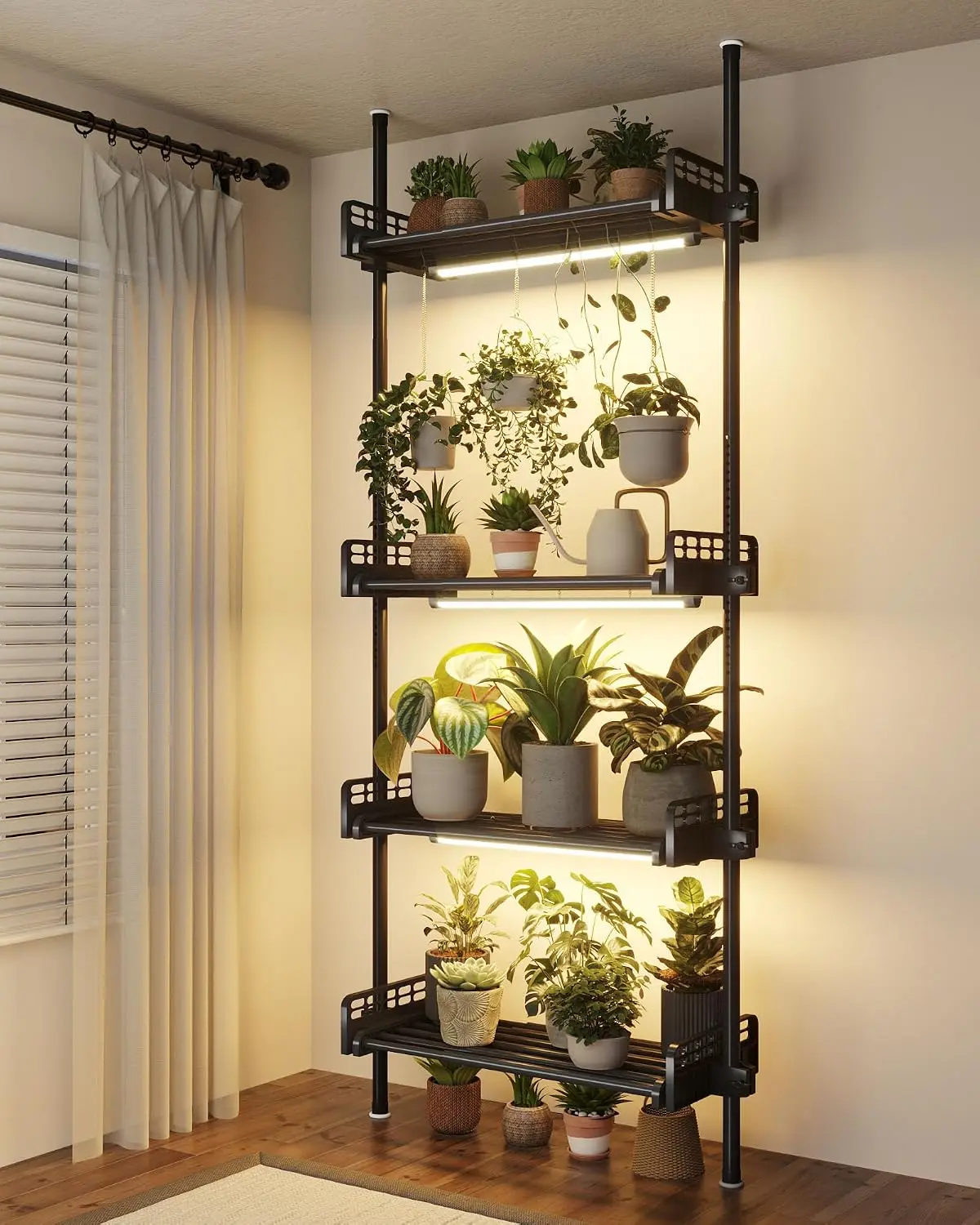 Tension Rod Plant Stand with Grow Lights Adjustable Hanging Shelf