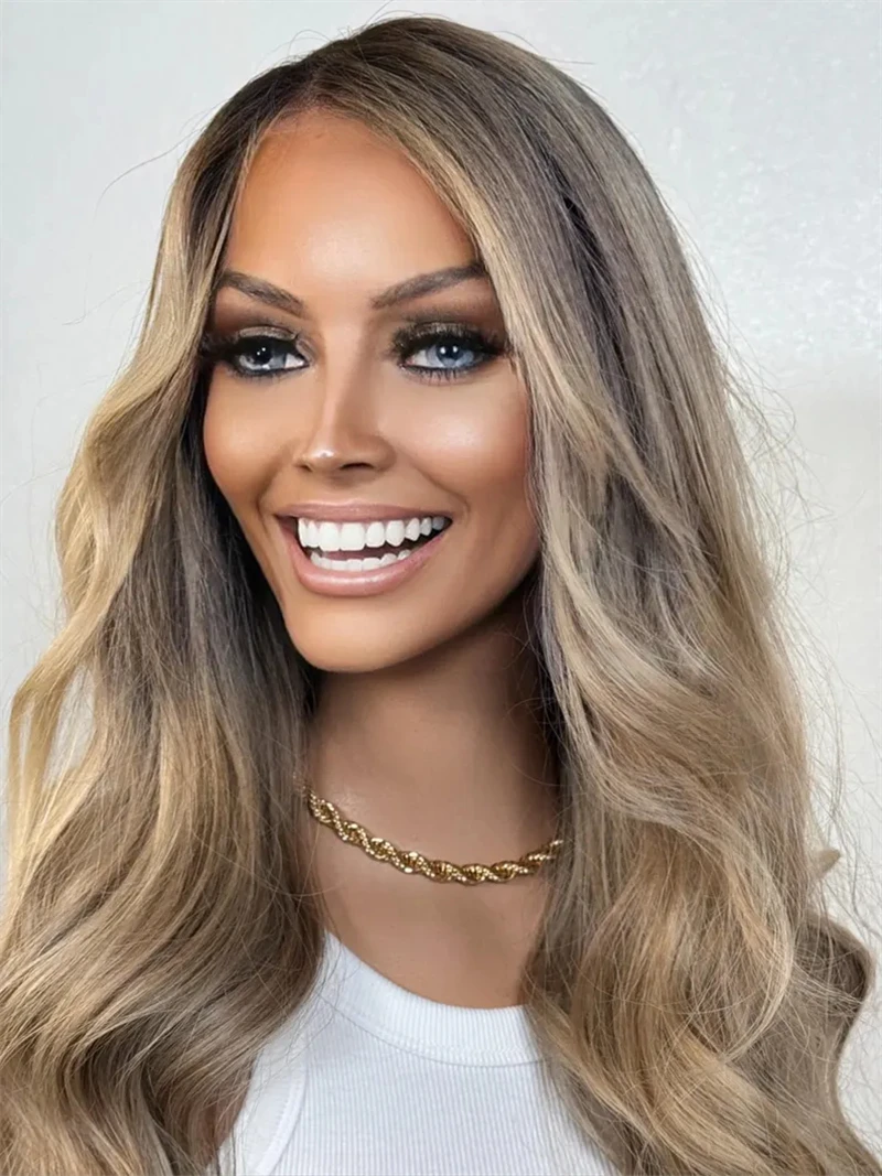 High Density Ombre Blonde Brown Body Wave Heat Safe Lace Front Synthetic Wig Natural Looking Middle Part Hairline Front Lace Wig