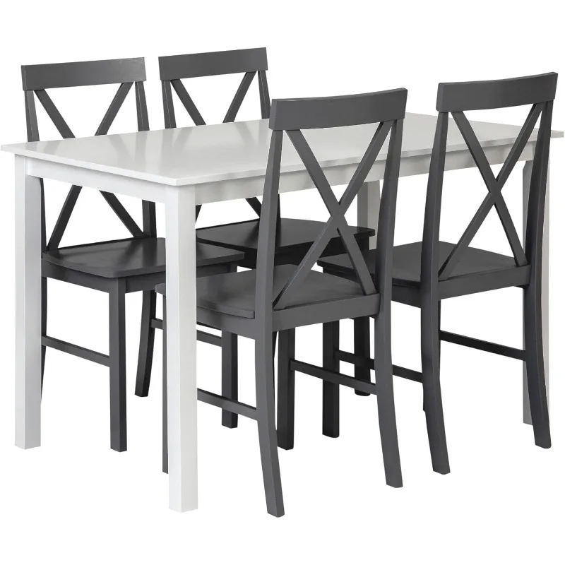 4 Person Modern Farmhouse Wood Small Dining Table Dining Room Kitchen Table Set Dining 4 X Chairs Set, 48 Inch, White and Grey