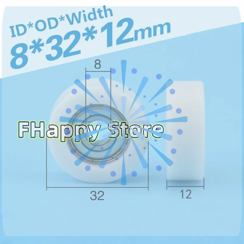 1Pcs Wrapped Rubber, POM/ Nylon Bearing Pulley, 8*32*12mm Embedded 608zz Bearing, Flat Roller Pulley Wheel