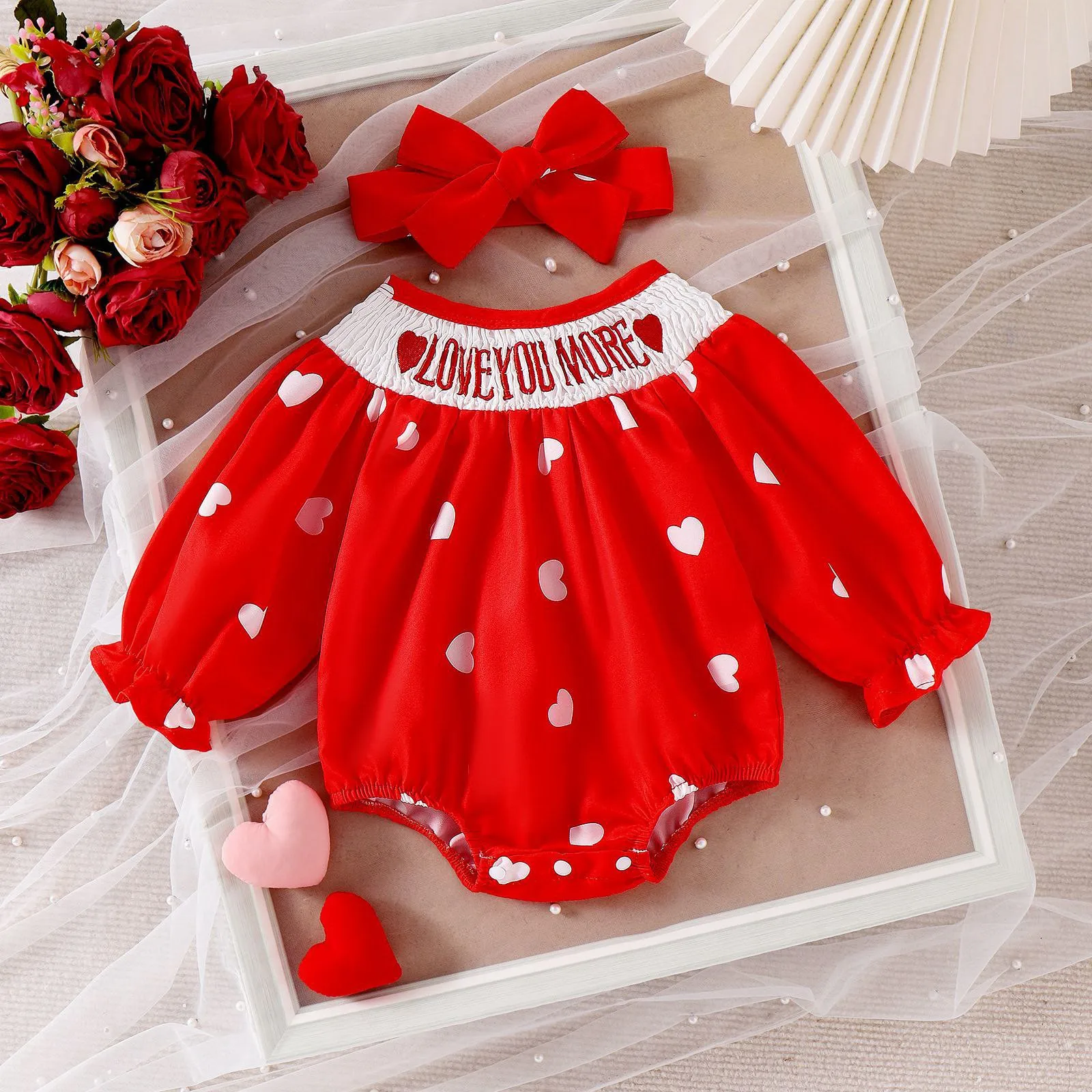 

6-9 9-12 Months Newborn Baby Clothing Infant Girl Ruffles Cute Red Heart Print Jumpsuit Bodysuit Girls Baby Clothes Outfits