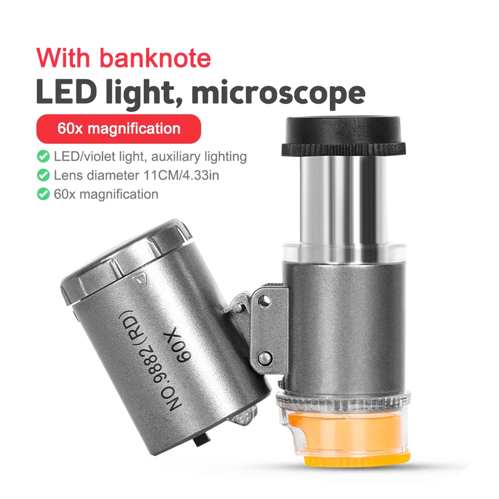 60X Jewelry LED Light UV Fake Currency Detection Portable Pocket Microscope Identification Antique Magnifying Glass with Clip