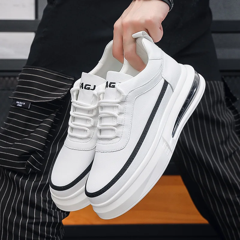 Korean style mens casual white shoes lace-up original leather shoe air cushion sneakers flats platform footwear zapatos hombre