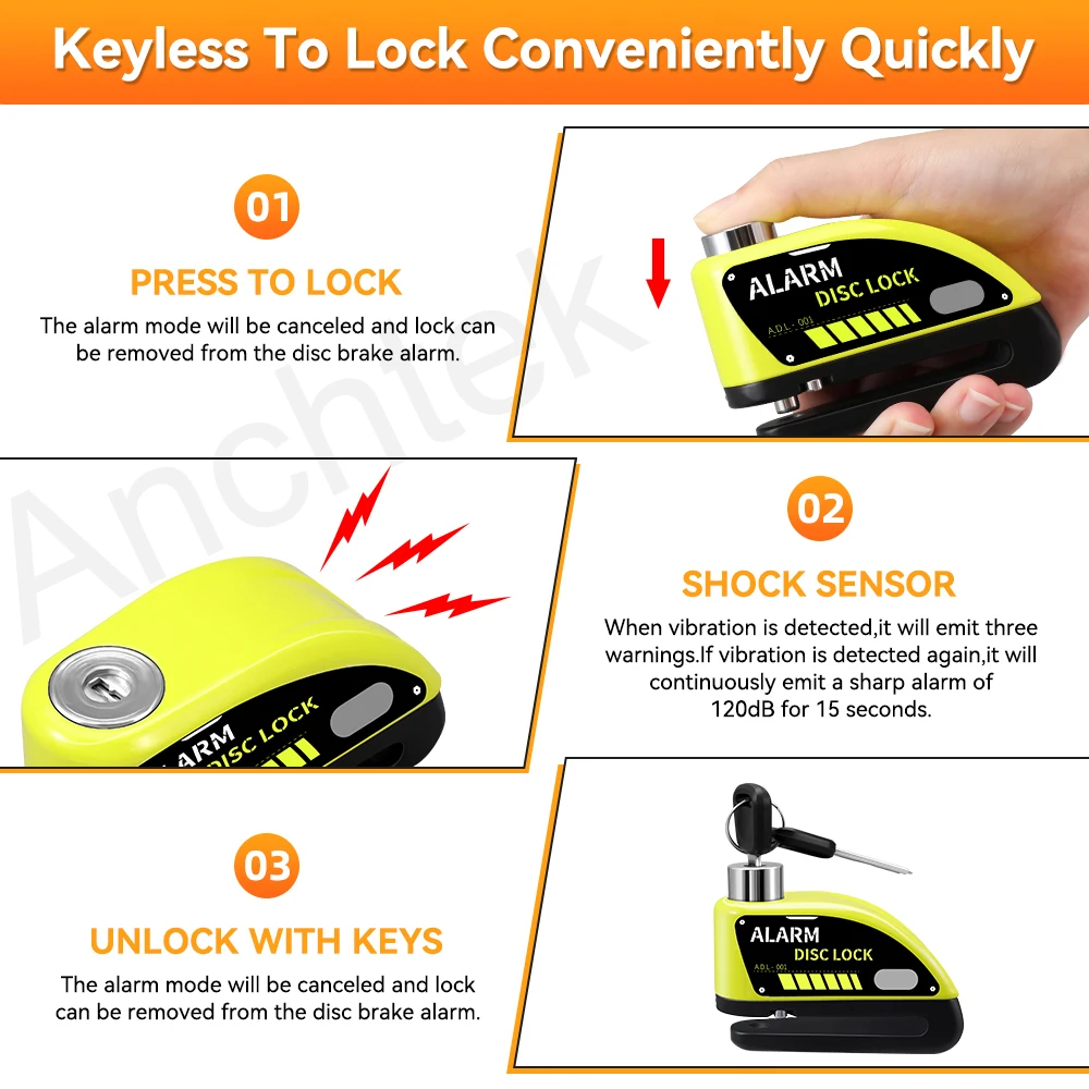 Anchtek Rechargeable Padlock Motorcycle Alarm Wheel Disk Brake Lock 120db Security Moto Padlock Anti Theft Motorcycle Disc Lock