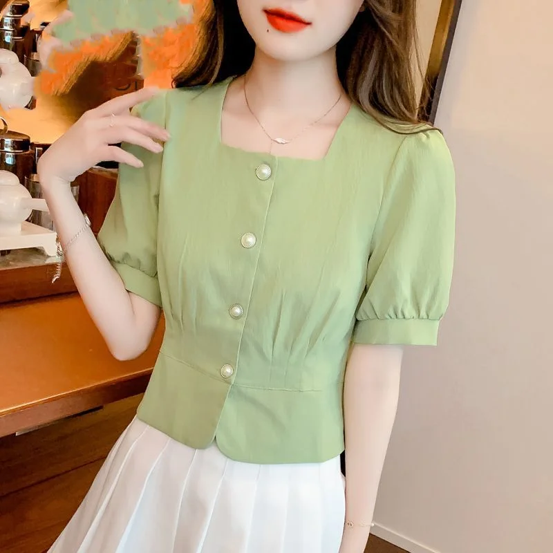 2024 Summer New Women\'s Blouse Square Collar Button Folds Short Sleeve Fashion Minimalist Sweet Slim Solid Color Shirt Tops