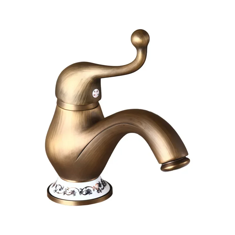 European Style Antique Brass Hot & Cold Faucet, Retro Single‑Hole Washbasin Mixer Tap For Factory Wholesale Direct Sales Bathroo