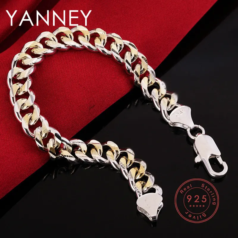 

925 Silver Men's Bracelet Luxury 8 Inches 10MM Side Cuban Chain Gold Bracelet For Fashion Women Party Gift Jewelry Accessories