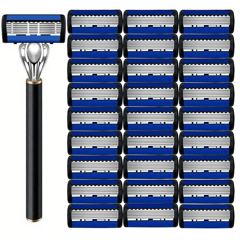 6 Layers Shaver Razor (1 Razor Holder + 6 Blades Head) Cassette Shaving Razor Set Blue Body Face Hair Removal Knife Women Men