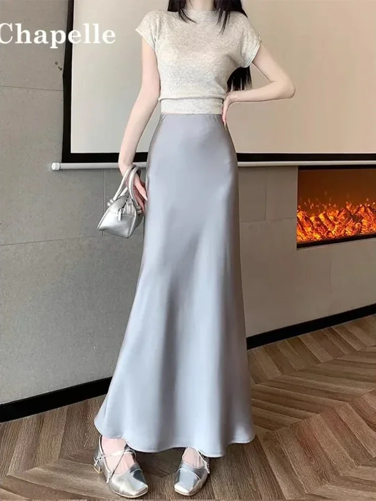2026 Slim Fashion Korean Women's Long Skirt Summer Silk High Waisted Satin Skirt Solid Champagne Black Midi Skirts for Women