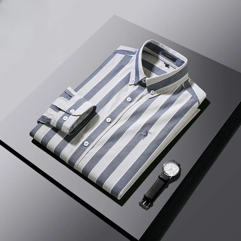 Męska koszula biznesowa na czas wolny Oddychająca bluzka w dużych rozmiarach Czysta bawełna Oxford w paski Haftowana koszula z długim rękawem Wiosna Jesień