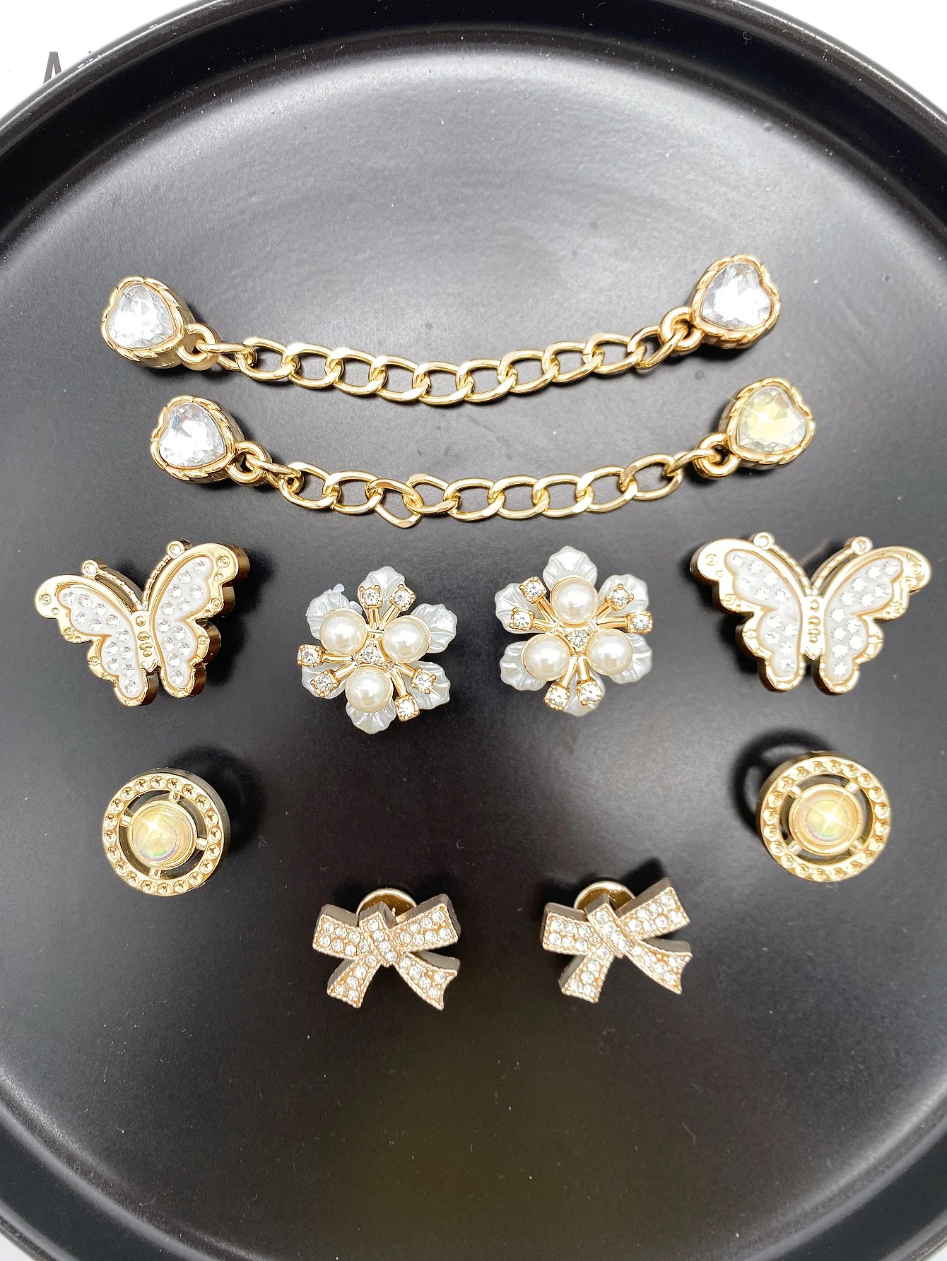 10 diy corrente dourada, decorações de fivela de sapato de flor, borboleta e arco, acessórios de clipe de sapato multifuncional para sanda feminino