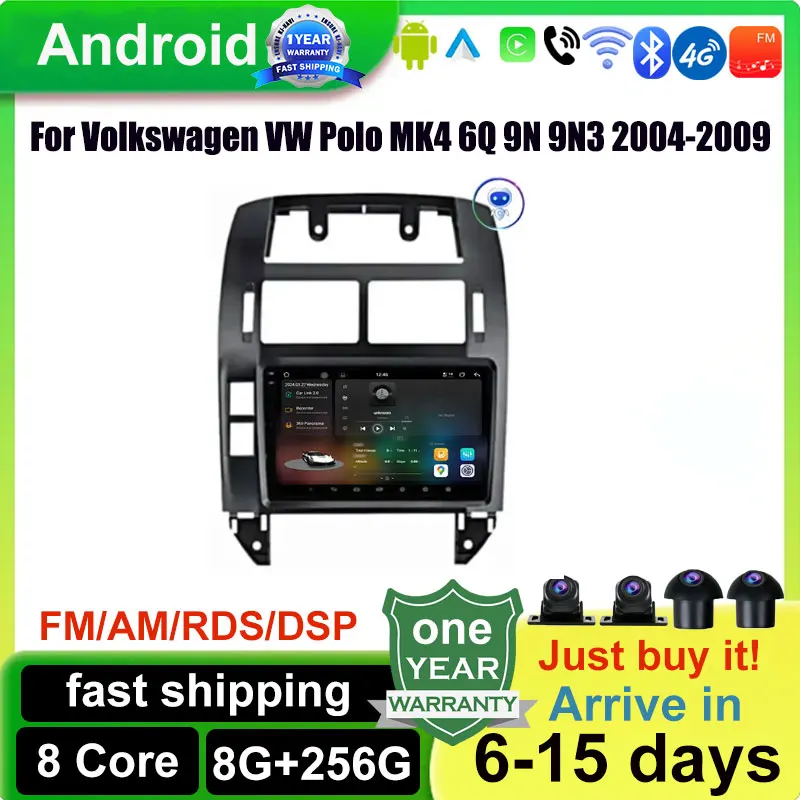 

QLED Screen Android 14 Car Radio For Volkswagen VW Polo MK4 6Q 9N 9N3 2004-2009 Multimedia Video Player GPS Carplay Auto Stereo