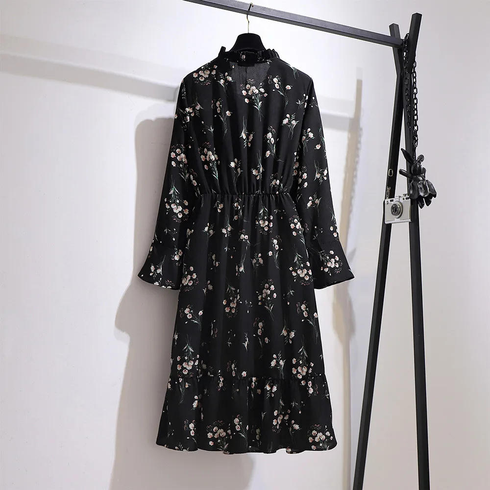 Large Size Spring Autumn Loose Floral V-Neck Chiffon Dress Bust 149cm 5XL 6XL 7XL 8XL 9XL Long Sleeve Printed Dress Black 150KG