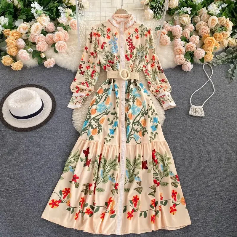 

European and American Retro Palace Style Dress Waist Tie Round Neck Long-sleeved Ruffled Western Style Fairy A-line Dress