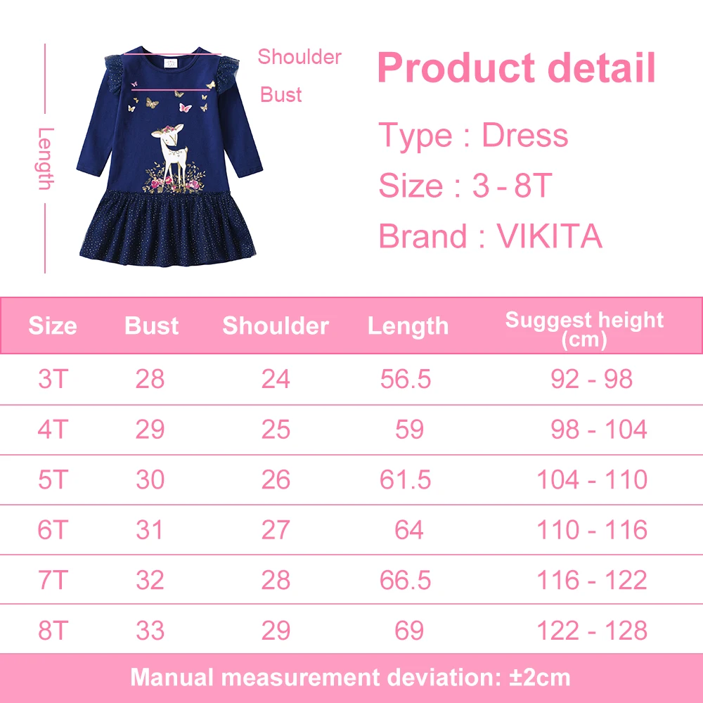 VIKITA Girls Long Sleeve Dress Autumn Winter Girls Butterfly Dress For Kids Cotton Children Birthday Party Cartoon Costumes