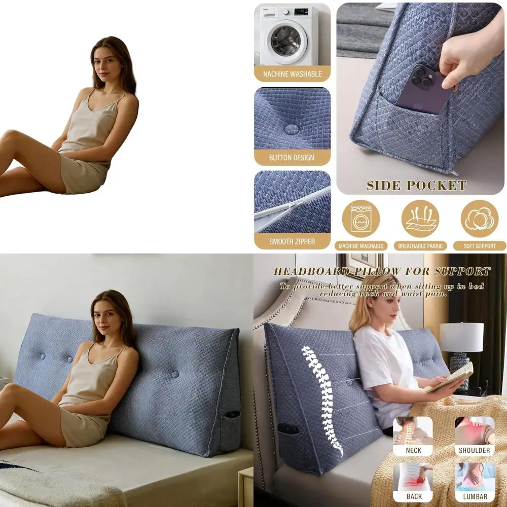 

Ergonomic Bolster Pillow for Dorm, Bed, and Reading with Removable Blue Cover