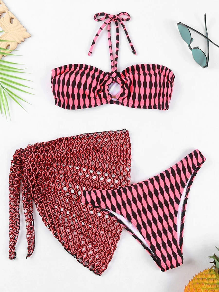 3 Pieces Triangle Halter String Ring Link Bikini Beach Skirt Swimsuit Women Swimwear Female Bathers Bathing Swimming Swim Suit