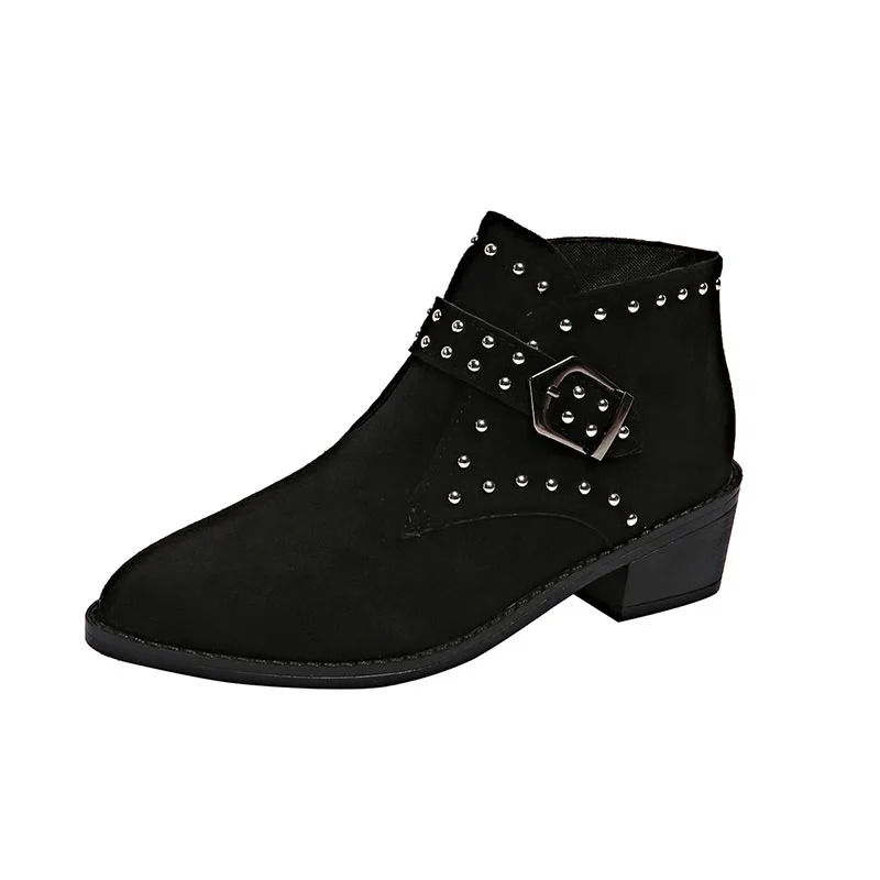 Dames motorlaarzen, suède, punkstijl met studs, spitse neus, riemgesp, dikke hak_voghion.com