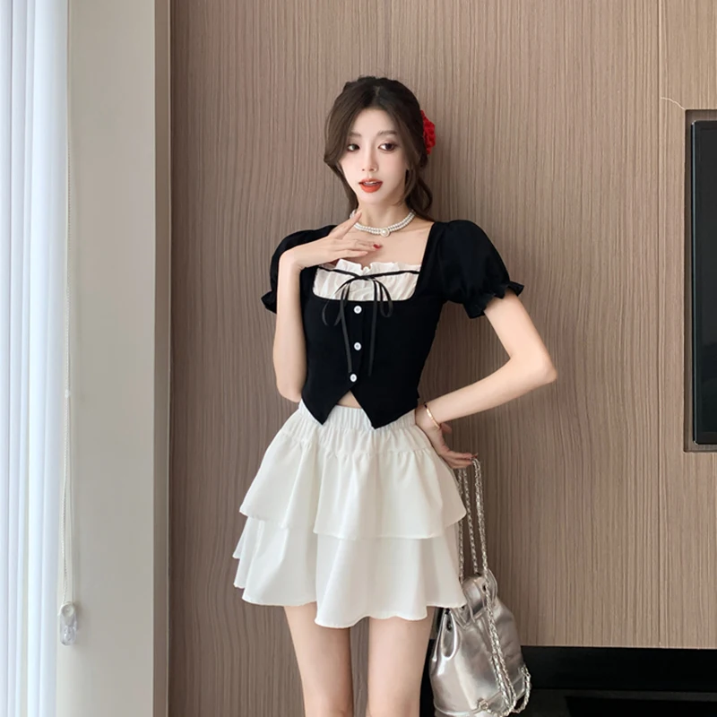 Korean Patchwork Two-Piece Set Women Fashion Sweet Slim Sexy Crop Short Top and White Mini Jk Tierred Pretty Style Chiffon Skirt