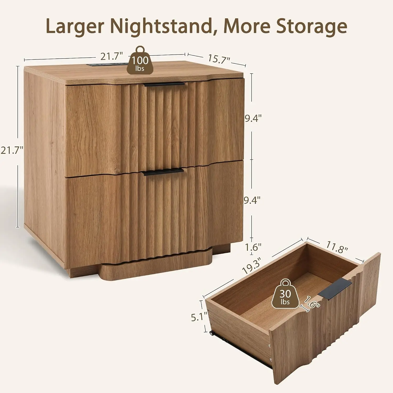 Fluted Nightstand Set Of 2 With Ultra-Fast Charging Station, Natural, Customized