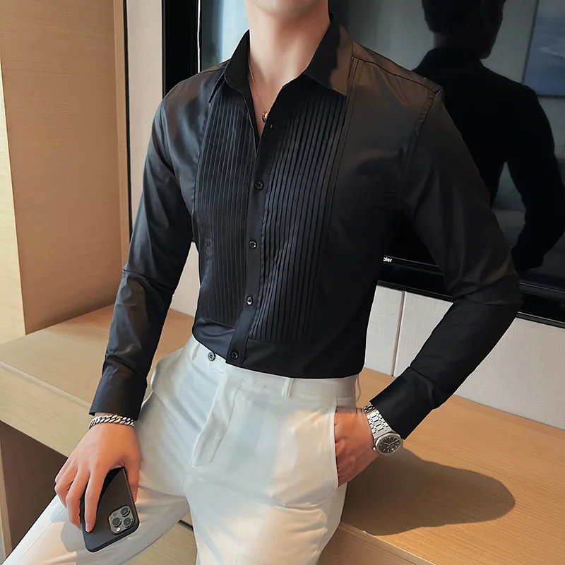 Black/White High Quality Long Sleeve Shirts For Men Fashion Pleated Design Slim Fit Tuxedo Formal Business Groom Wedding Blouses