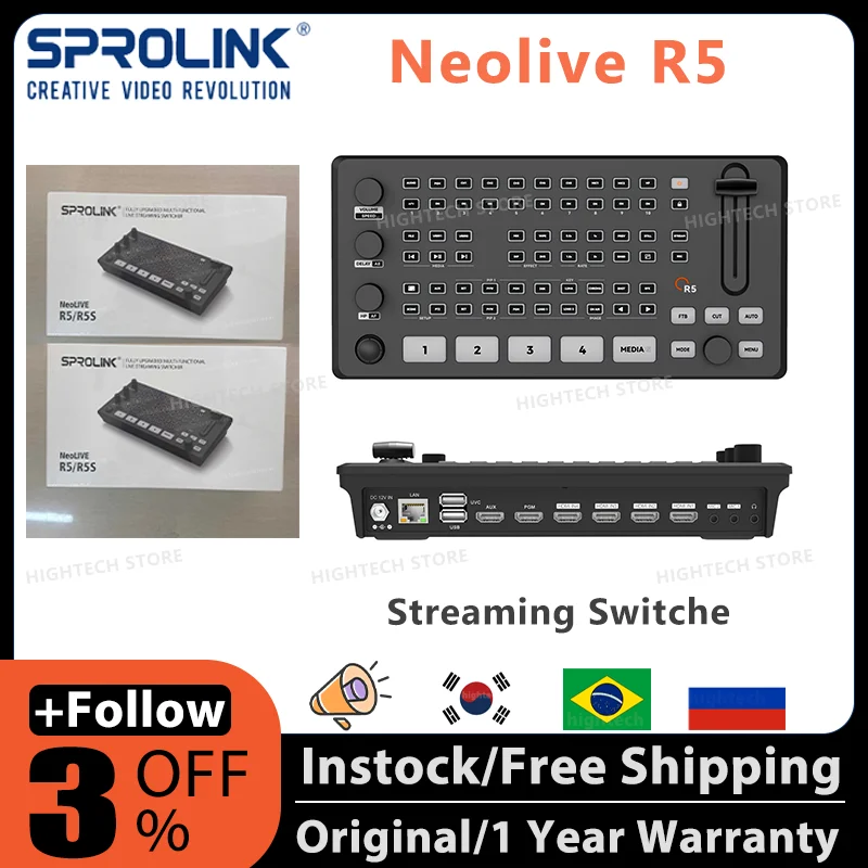 SPROLINK Neolive R5 R5S Live streaming switcher Support USB3.0 Lossless Stream Low Third Overlay Built in UVC Media Player