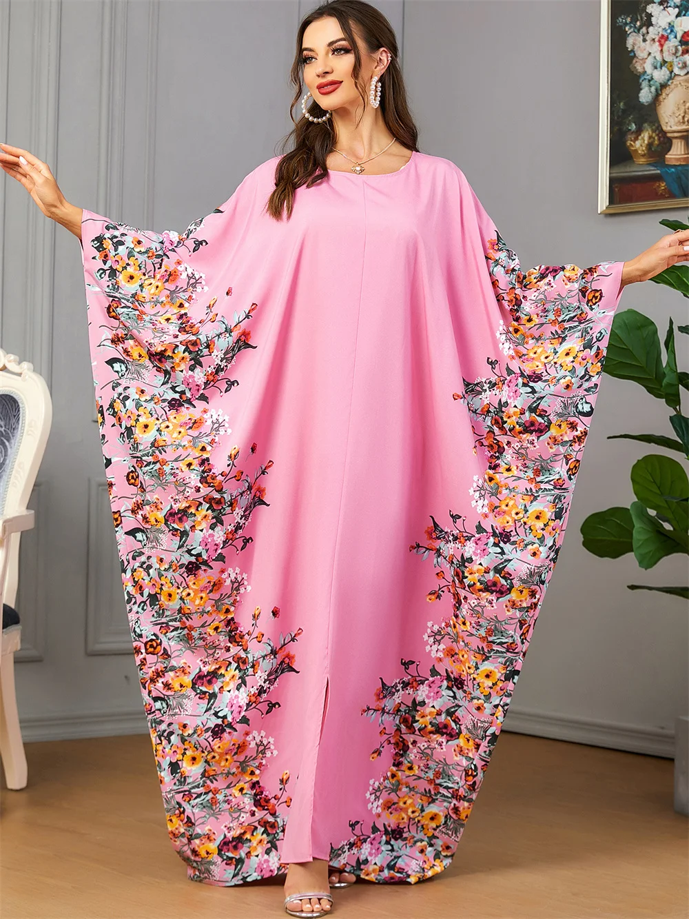 

2024 New Pink Modes Maxi Batwing jalabiya Dubai Luxury Muslim Dress Abayas For Women Caftan Marocain Arabe Robe Femme Musulmane