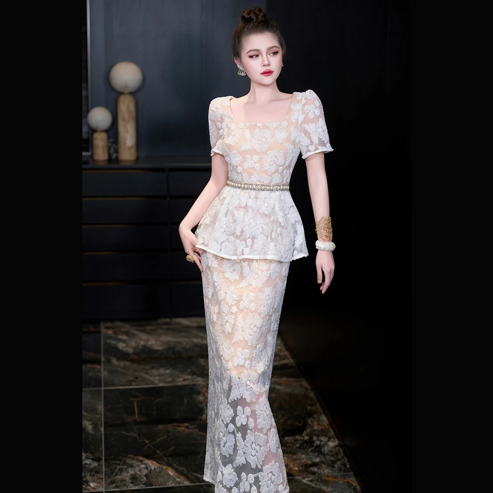 

Meyyithun Women's Dress Summer New Square Collar Short Sleeve Mesh Diamond Embellished Elegant Long Princess Gown