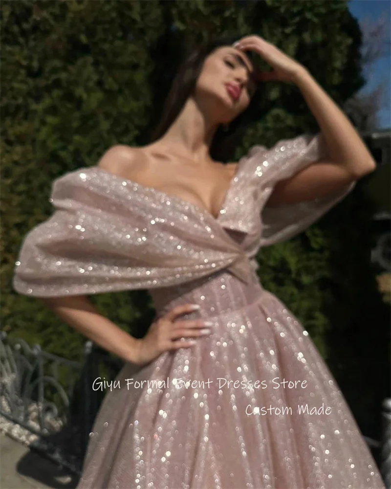 Giyu Sparkly Dusty Pink Sequin Evening Dresses Dubai Arabic Off Shoulder Sleeves Prom Gowns FOrmal Occasion Party Dress