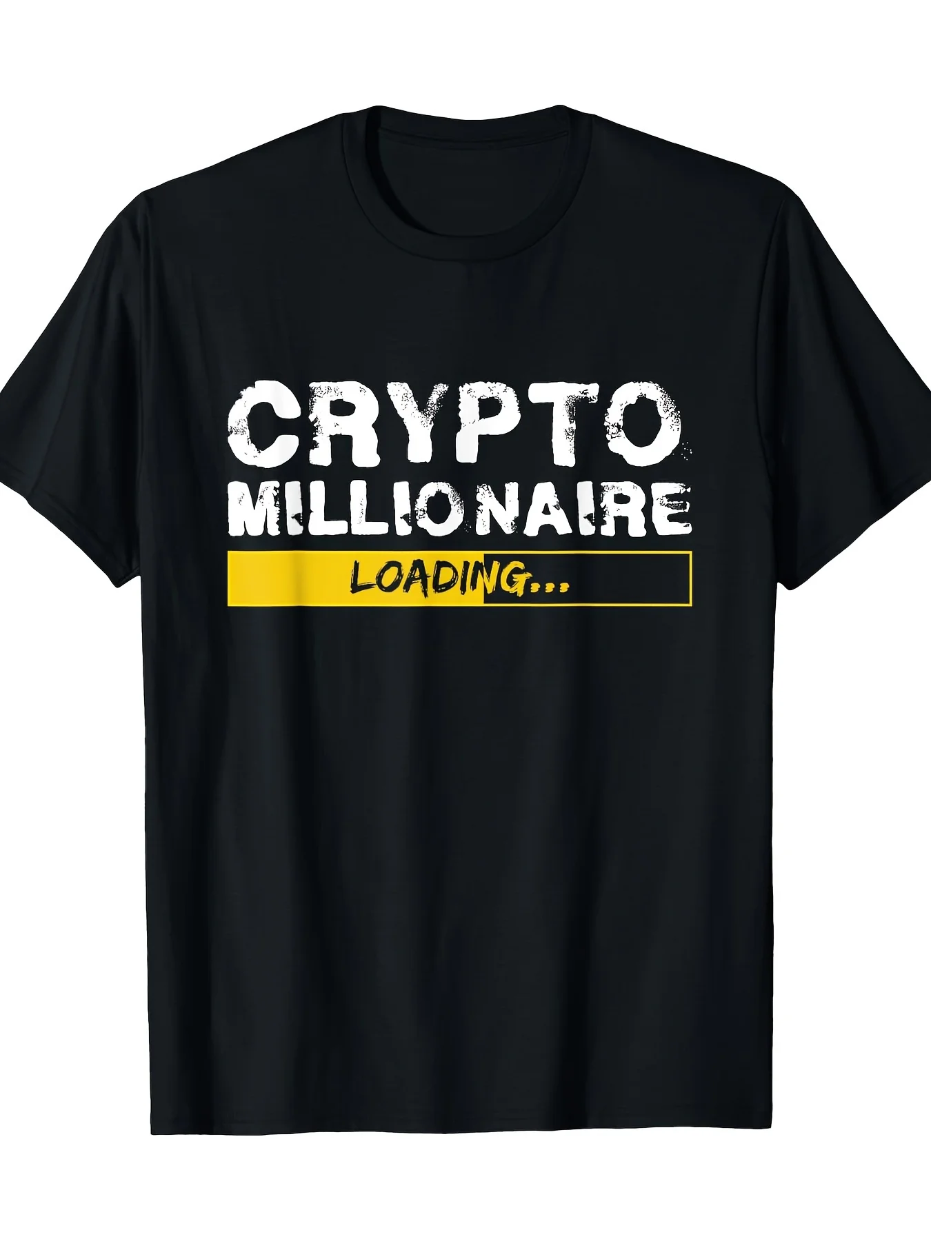 A Men'S T-Shirt Featuring a Cryptocurrency Millionaire Graphic - Black with White And Yellow Design, Suitable for All Seasons, R