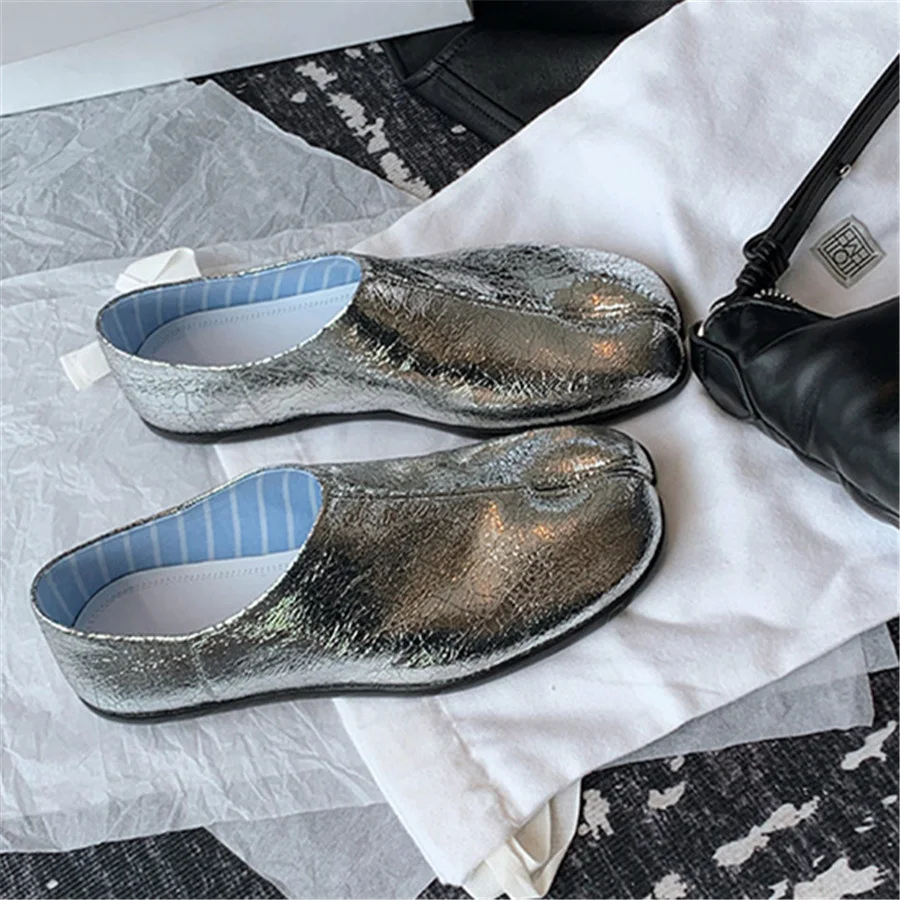 Silver Split Toe Women Flats Lazy Slippers Ladies Flat Loafers Comfortable Slip-on Espadrilles Casual Tabi Shoes Woman Footwear