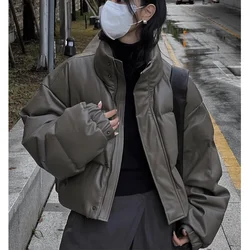 POCZCIY Cropped Down Jacket Solid PU Leather Slim Overall Thickned Loose Coat Unisex Short Bread Jacket Streetwear 2024 Winter