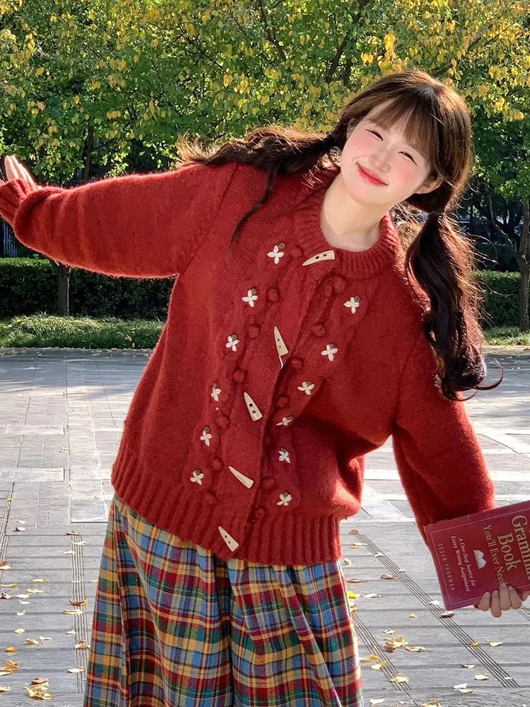 

Zoki Christmas Red Sweet Cardigan Women Vintage Preppy Style Japan Knitted Sweater Casual Lazy Wind Female Fall Winter Tops New