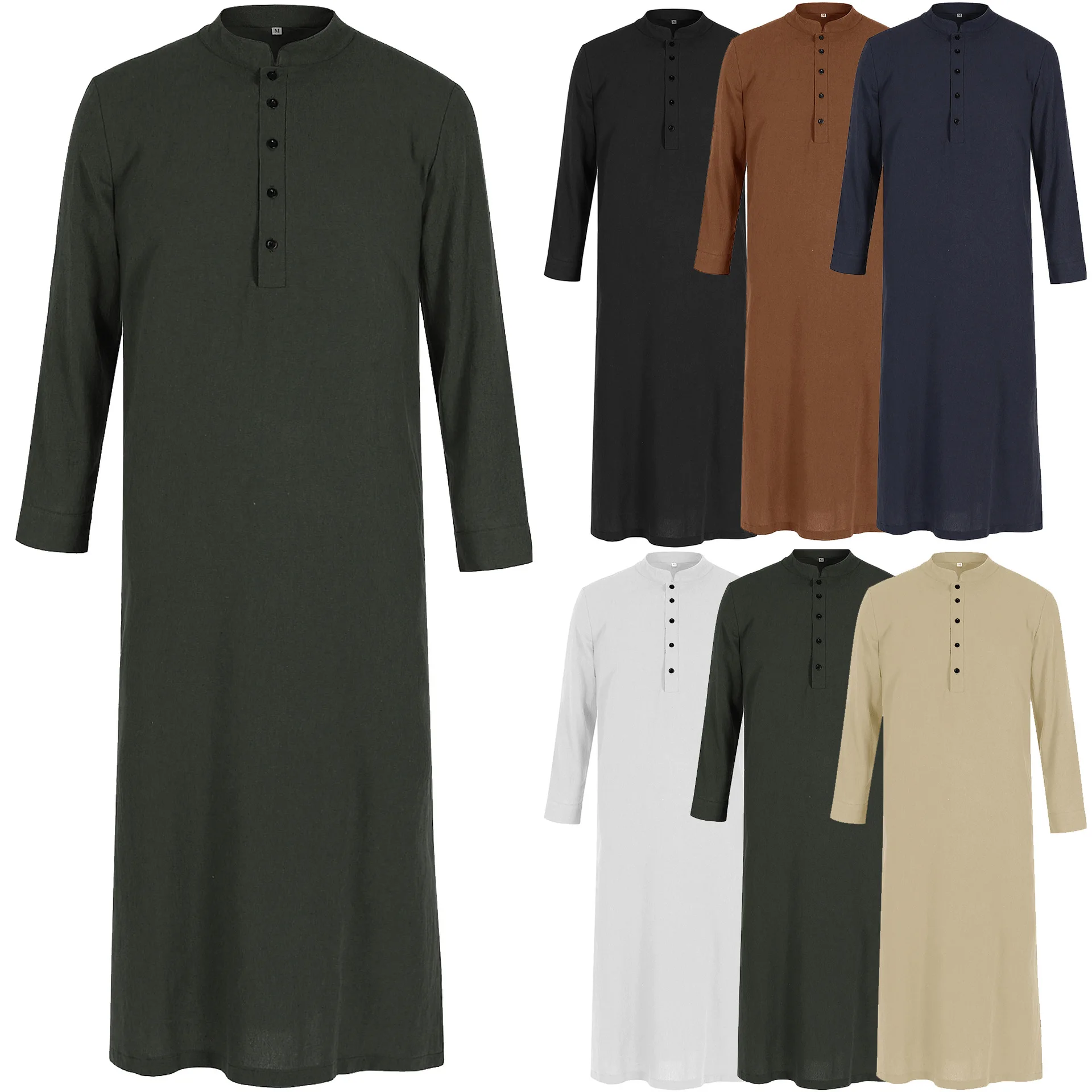 2025 New Men Islamic Muslim Robe Middle East Arabic Long Sleeve Jubba Thobe Side Slit Button Long Robes Pakistani Dubai Kaftan