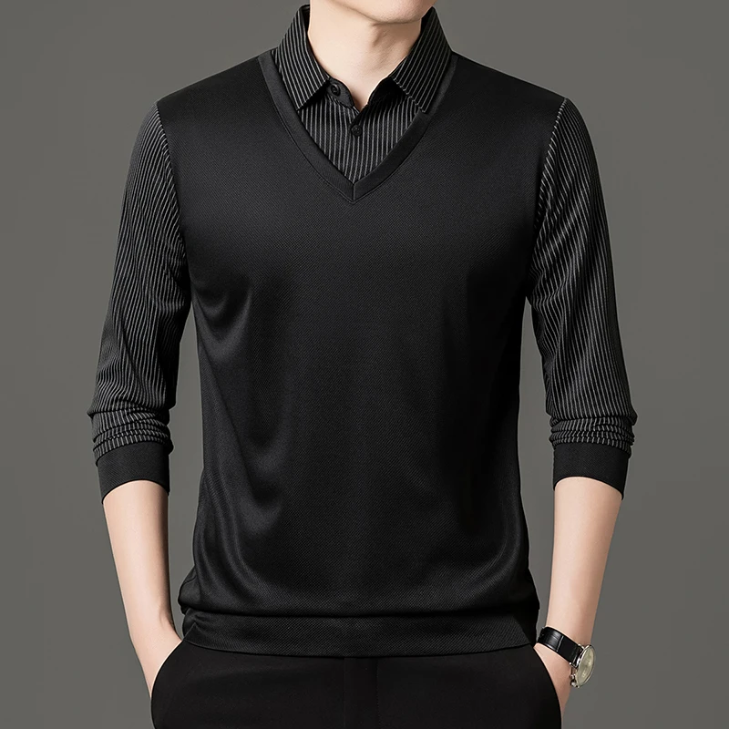 Frühlings- und Herbst-T-Shirt für Herren mittleren Alters, zweiteilig, aus reiner Baumwolle, langärmlig, mit großem Kragen und lockerem Poloshirt-Design. – Detail 8