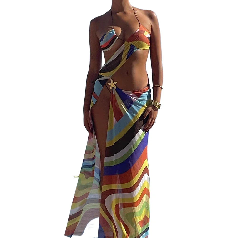 

2024 Colorful Striped Printed Bikini Triangle Women Sexy Split Swimsuit Fashion Beach Swimwear Beach Dress Bathing Suit Clothing