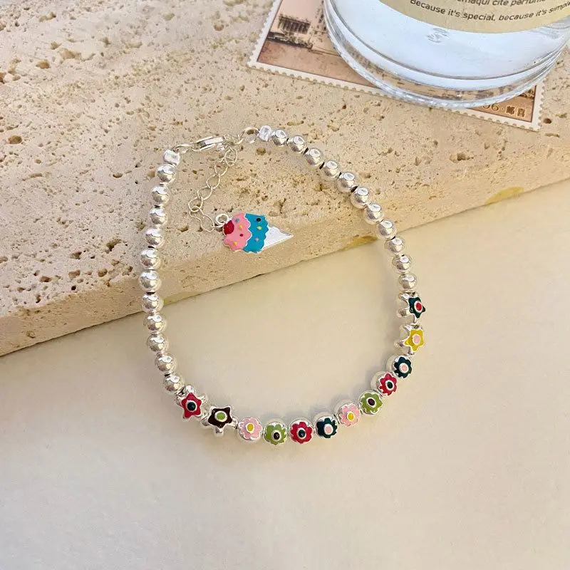 S Sterling Silver Colored Flower Ice Cream Round Bead With Simple Oil Drop Design And Elastic Rope Color Bracelet For Women