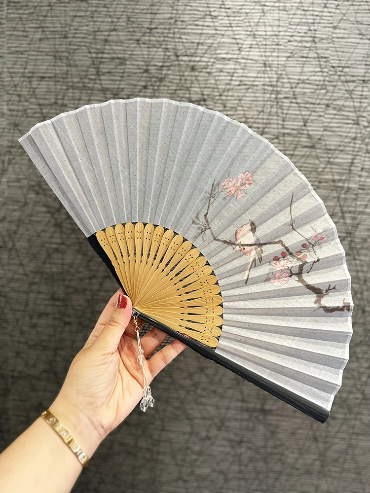 Chinese Style Hanfu Women's Fan Portable Folding Fan Summer Fan Light Blue Branch Bird Bamboo Dance Hand Fan Craft Decoration