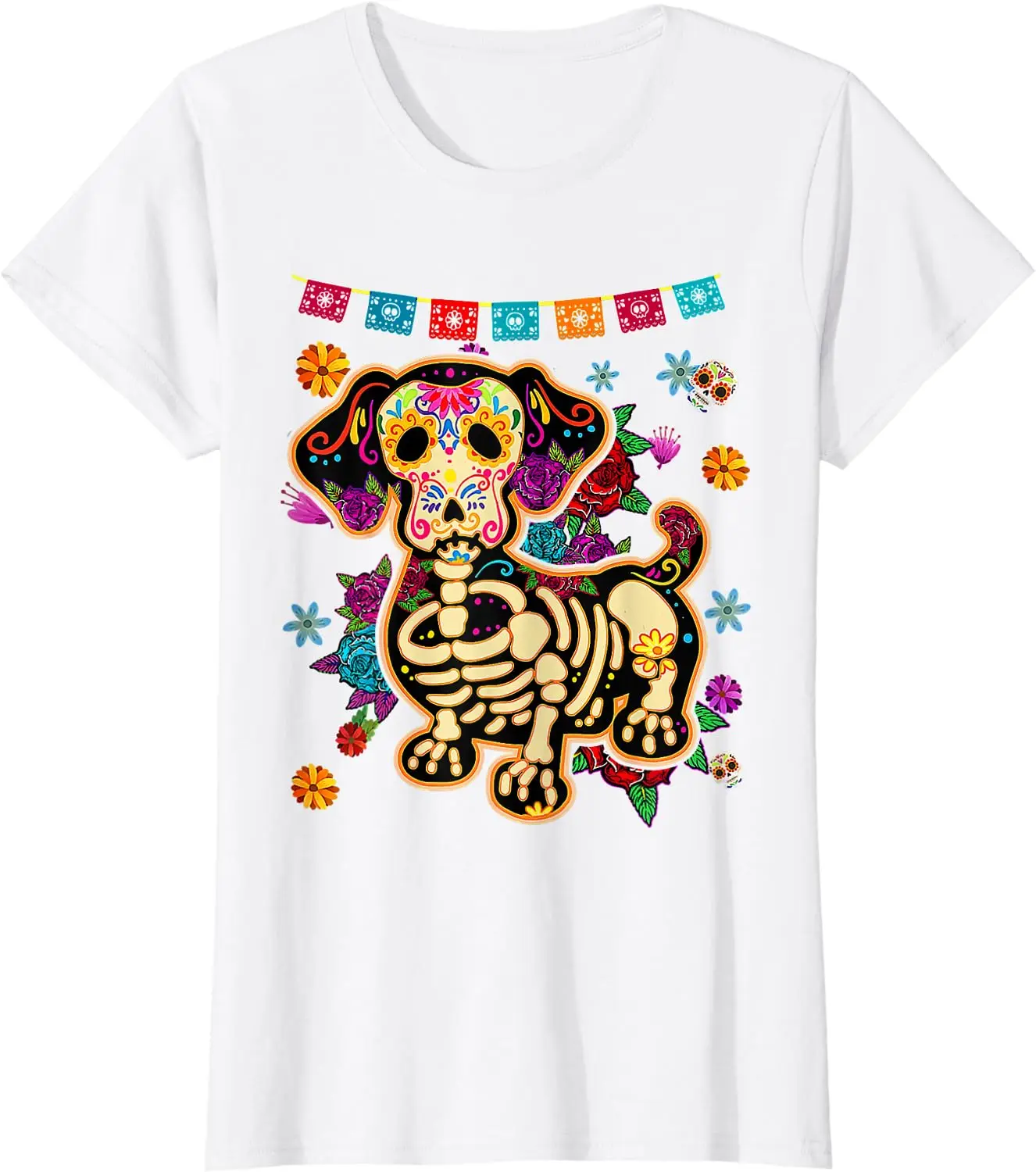 Sugar Skull Mexican Dachshund Bone Halloween Day of Dead T-Shirt Casual Cotton Four Seasons Graphic T Shirts Funny T Shirts